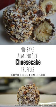 no - bake almond joy cheesecake truffles on a white plate with text overlay