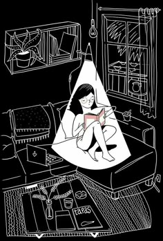 a drawing of a woman sitting on top of a bed with a book in her hand