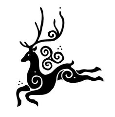 a black and white drawing of a deer with swirls on it's antlers