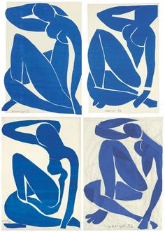 four different blue and white abstract paintings with one sitting on the ground, another standing