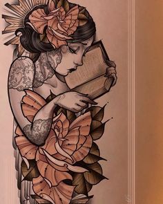 a drawing of a woman reading a book with flowers in her hair and holding an open book