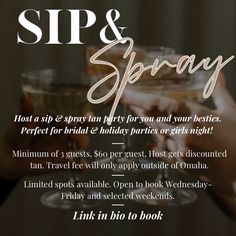 The holiday season is here! Which means, giving thanks and spending quality time with your friends and family!❤️ Host a Sip & Spray party for all of your special occasions! -Friendsgiving🦃 -Christmas parties🎄 -Bridal parties💍 -Girls night🥂 Minimum of 3 guests, $60 per guest, host gets discounted tan. Travel fee will only apply outside of Omaha. Limited spots available, open Wednesday-Friday and selected weekends. LINK IN BIO TO BOOK📲 • • • #sunlesstanning #esthetician #omahanebraska #omahat... Christmas Spray Tan, Spray Tan Party, Tanning Room, Esthetician Business