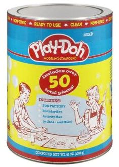 play doh powder is shown in a tin with an image of two children sitting at a table