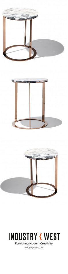 three tables with circular glass tops and metal bases in different shapes, sizes and colors