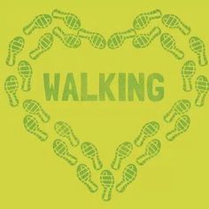 a heart shaped frame with footprints and the word walking written in green on a yellow background