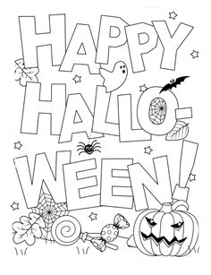 happy halloween coloring page with pumpkins and bats