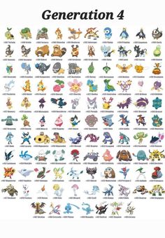 an image of the pokemon characters from generations 4 to 9, with their names in english and