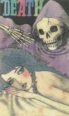 a tarot card with a skeleton on it and a woman laying in bed next to her