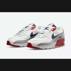 Nike Air Max 90 Db0625-101 Summit White Thunder Blue Cement Chile Red Size Nike Air Max 90 Mens, Nike Air Monarch, Nike Max, Nike Waffle, Nike Air Shoes, Nike Classic, Golf Shoes Mens, Mens Nike Shoes, Jordans For Men