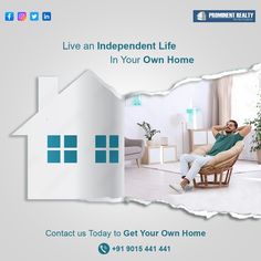 a man sitting on a chair in front of a house with the words, live an independent life in your own home contact us today to get your own