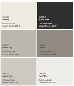 several shades of gray and white with the names of each paint color in it, including two