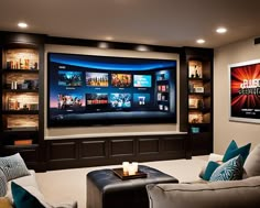 a large screen television mounted to the wall in a living room