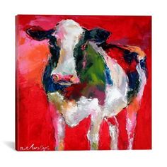 a painting of a cow on a red background