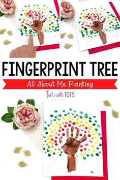 fingerprint tree made out of paper with flowers and leaves on it, surrounded by hand prints