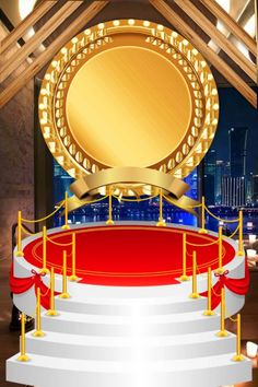 an image of a stage with a gold plaque on it and red carpeted steps