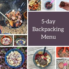 five - day backpacking menu with pictures of food in bowls, spoons and utensils