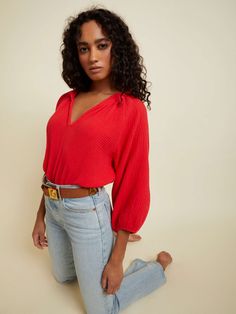 A modern version of the peasant style top in effortless, breezy Double Gauze. Elastic at 3/4 length voluminous sleeve. Raw hem. (This one comes in Cherrybomb.) | Women's Mimi Blouse Top in Cherrybomb | Ethical Essentials Trendy 3/4 Sleeve Blouse For Brunch, Summer Blouse With 3/4 Blouson Sleeves, Summer Blouse With Blouson Sleeves And 3/4 Sleeve, Summer Tops With Blouson 3/4 Sleeves, Billowy Long Sleeve Top For Summer, Flowy Balloon Sleeve Top For Brunch, Chic Blouse With 3/4 Sleeves For Day Out, Trendy Tops With 3/4 Sleeves For Brunch, Casual Tops With Blouson Sleeves For Brunch