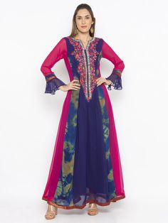 Midnight Blue Magenta Pink And Brown Blue Georgette Batik Shaded Kalidar Full Length Kurta With Pink Full Sleeves Having Blue Bell At Edge.. Embroidery In Front With Brocade Detailing On Sleeve Edge And Hemline. Wedding Salwar Kameez, Ethnic Kurti, Frilled Sleeves, Party Mode, Notched Neckline, Kurta Dress