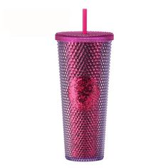 a pink tumbler cup with a straw sticking out of it