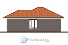 the front view of a small house with an orange roof and two windows on each side