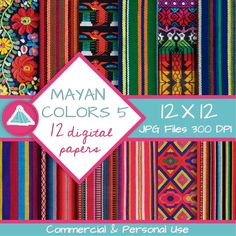 colorful mexican fabric with the text, 12x12's digital paper pack commercial and personal use