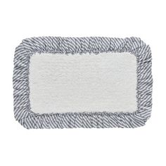 the gray and white rug is on top of a white tablecloth with a black stripe pattern