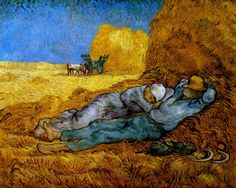 a painting of a man laying on the ground in front of hay bales with a cow nearby