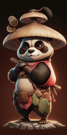 a panda bear wearing a hat and holding a bamboo stick