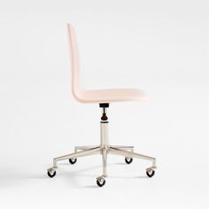 an office chair with wheels and a pink upholstered seat on a white background