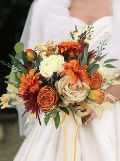 a bride holding a bouquet of flowers in her hands