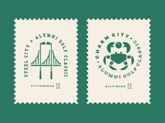 two postage stamps with the words, city seal and bridge in green on white paper