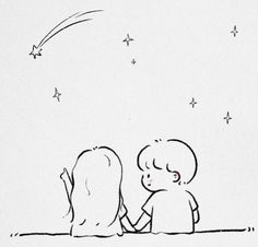 a drawing of two children sitting next to each other under a stars and moon sky