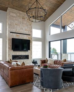 a living room filled with furniture and a flat screen tv mounted to the wall over a fireplace