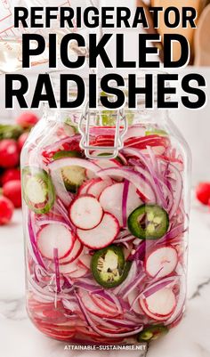 swing top jar full of radish slices and a few jalapeno pepper slices. What To Make With Radishes, Pickled Radishes Recipe, How To Pickle Radishes, Easy Pickled Onions, Pickled Carrots And Radishes, Canned Radishes, Pickling Radishes Recipe, Refrigerator Pickled Radishes, Pickle Radish Recipes