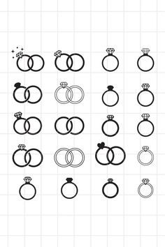 an image of wedding rings with different shapes and sizes on the bottom, in black and white