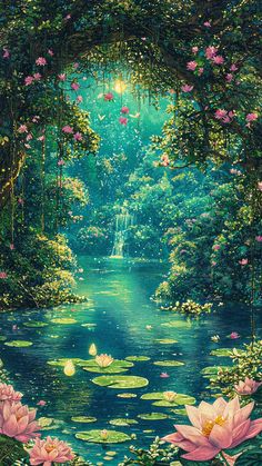 a painting of water lilies in the middle of a forest