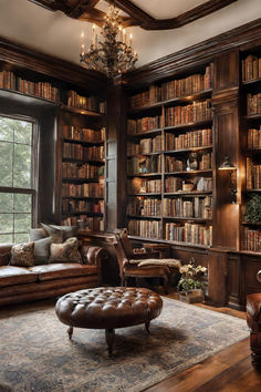 a living room filled with lots of brown furniture and bookshelves full of books