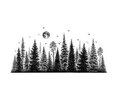 a black and white drawing of trees with the moon in the background