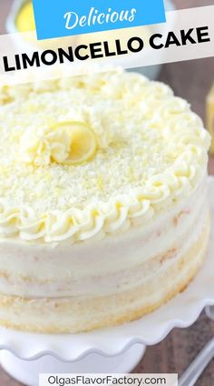 there is a cake with lemons on top and the words delicious limoo cake above it