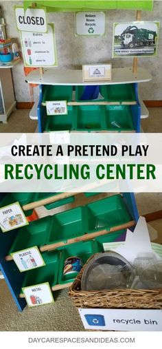 the recycling center is filled with plastic bins and other items to help kids learn how to recycle