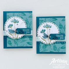 two thank you cards made with stampin's blue and white paper, each featuring flowers