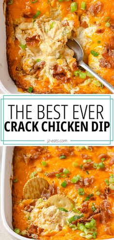 the best ever crock chicken dip in a white casserole dish