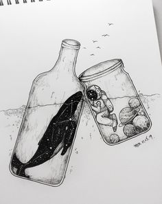 a drawing of two bottles filled with fish and rocks