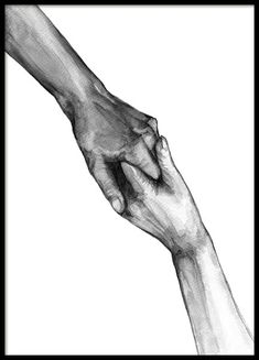 two hands are holding each other in black and white, with one hand reaching for the other