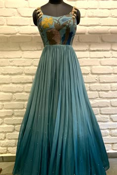 LALEL08-03 Organza Maxi Dress, Blue Organza, Lehenga Designs Simple, Anarkali Dress Pattern, Long Gown Dress, Long Dress Design, Indian Gowns Dresses