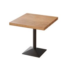 a square wooden table sitting on top of a black metal base with a white background