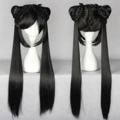 Black Cosplay Wig, Kawaii Wigs, Two Ponytails, Black Cosplay, Ponytail Wig, Anime Wigs, Cosplay Hair, Kawaii Hairstyles, Black Wig