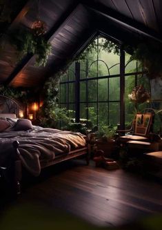 a bed sitting in a bedroom next to a window filled with greenery and lights