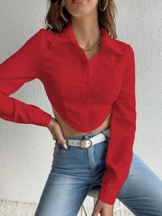 Rojo Casual Collar manga larga Tela tricotada Liso Camisa Embellished No-Elástico  Tops & Blusas & Camisetas de Mujer Plain Shirt, Women Blouses, Plain Shirts, Red Shirt, Men's Beauty, Asymmetrical Hem, Crop Shirt, Asymmetric Hem, Women Clothing