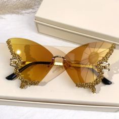 Women's Fashion Sunglasses Are Rhinestoned Jeweled On The Wings; Gradient Colored Lenses; Have Colors In Blue, Gold, And Smokey Gray. Butterfly Glasses, Lenses Color, Color Lenses, The Wings, Glasses Accessories, Gradient Color, Fashion Sunglasses, Blue Gold, Henna